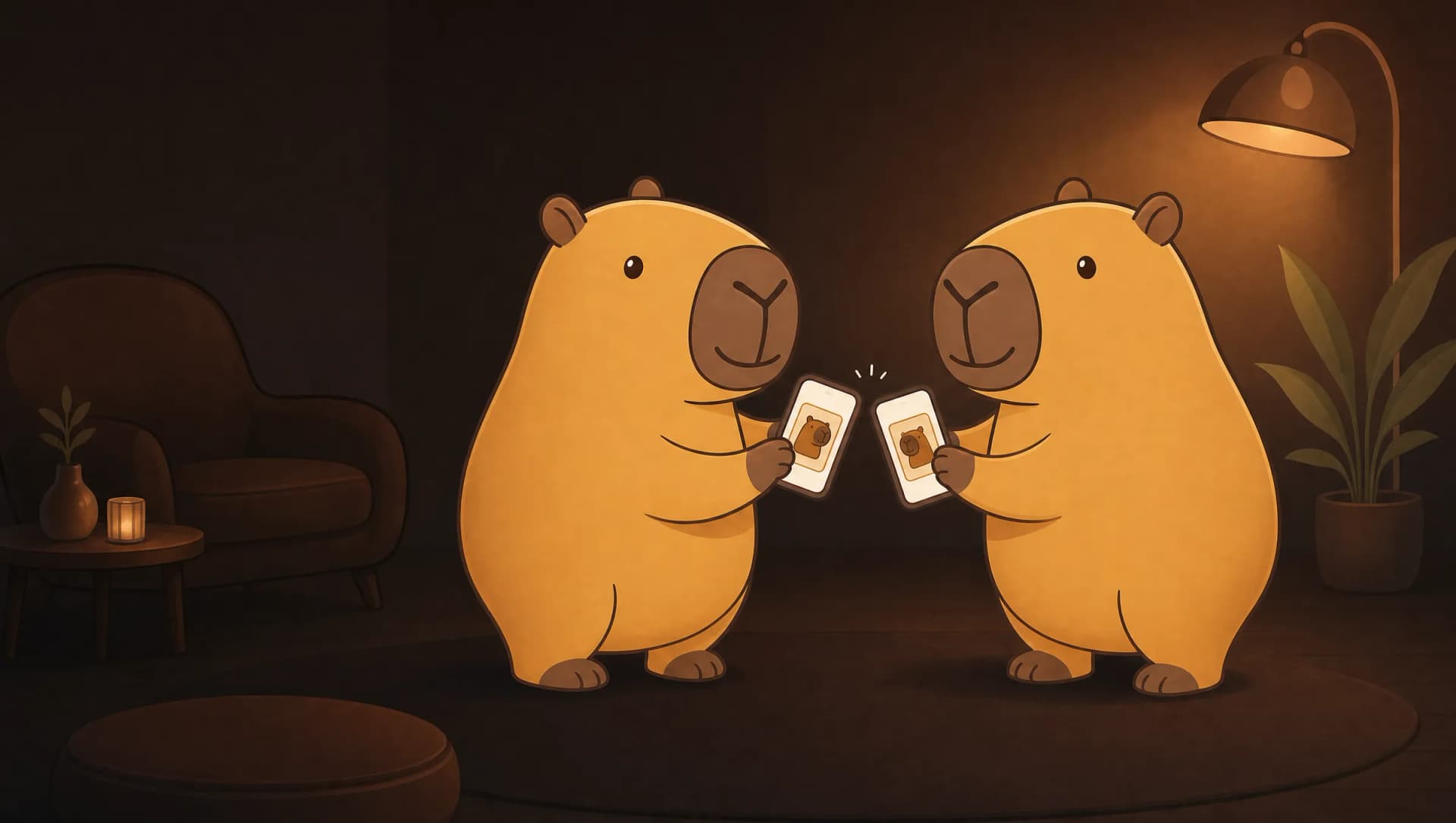 Two capybaras tapping their phones together to swap contact cards in a warm lounge